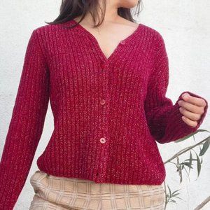 Cherry red button up cardigan, v neck lurex sweater, casual long sleeve jumper